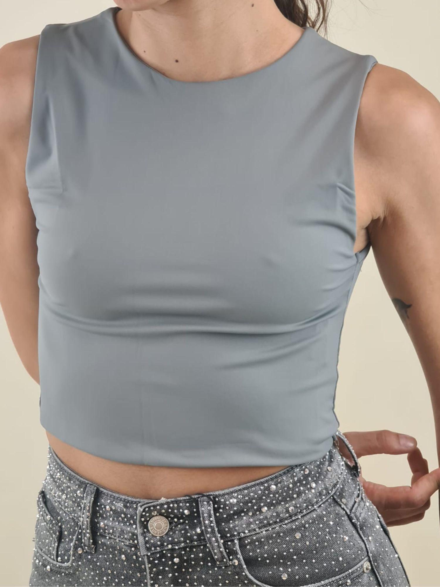 Top Donna Corto Basic a Spalla Larga Effetto Second Skin. F9121 GRIGIO VINCE OTTO 