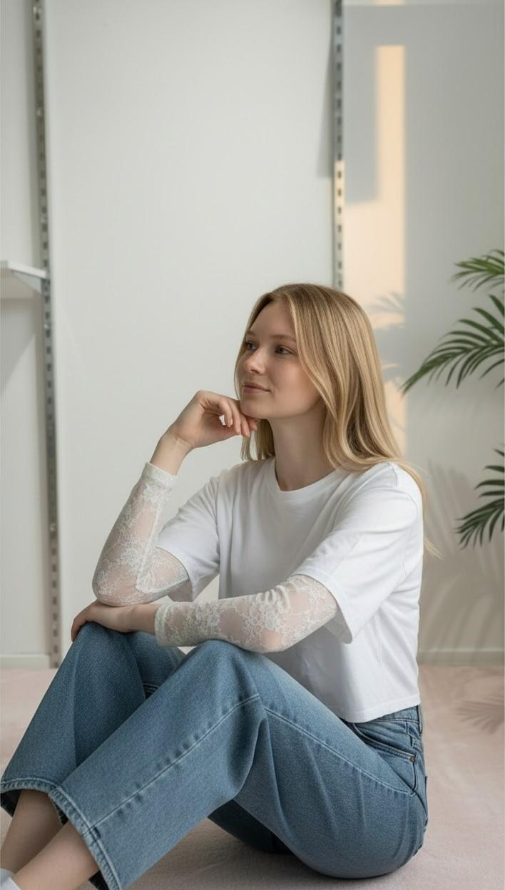 T-shirt Donna Manica Corta Ampia con Body in Pizzo a Manica Lunga 76372 BIANCO VINCE OTTO 