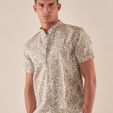Camicia da Uomo Manica Corta Fantasia Floreale Collo Coreano in Lino e Cotone. CE1277H BEIGE HAMAKI-HO 