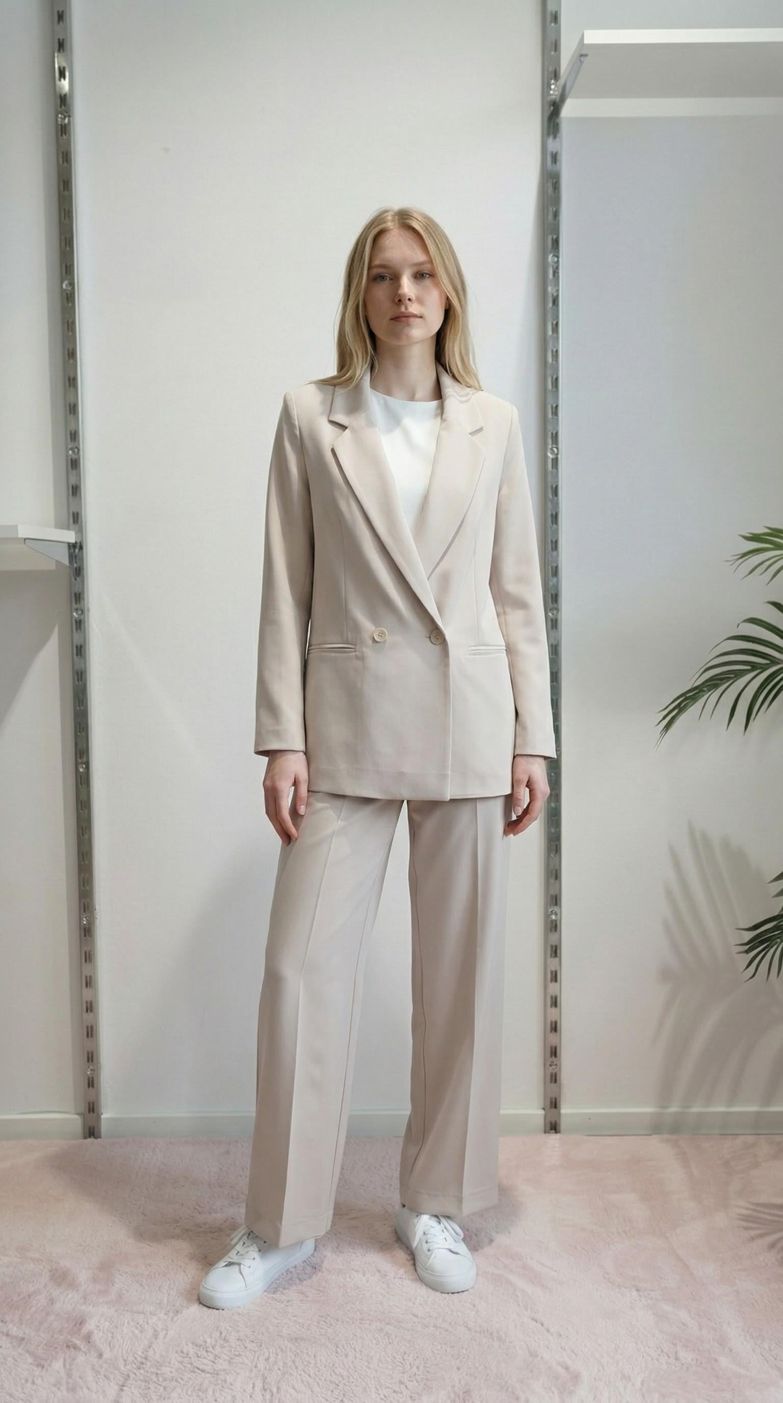 Giacca da donna in tessuto crêpe a doppio petto con due bottoni e tasche a filetto. DR5038 BEIGE REver 