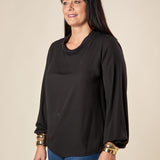 Blusa Donna Curvy Manica Lunga con Scollo a Barca e Risvolto  Vestibilità Svasata ed Elastico sui Polsi. F551YBFKIKI NERO Lizalù 