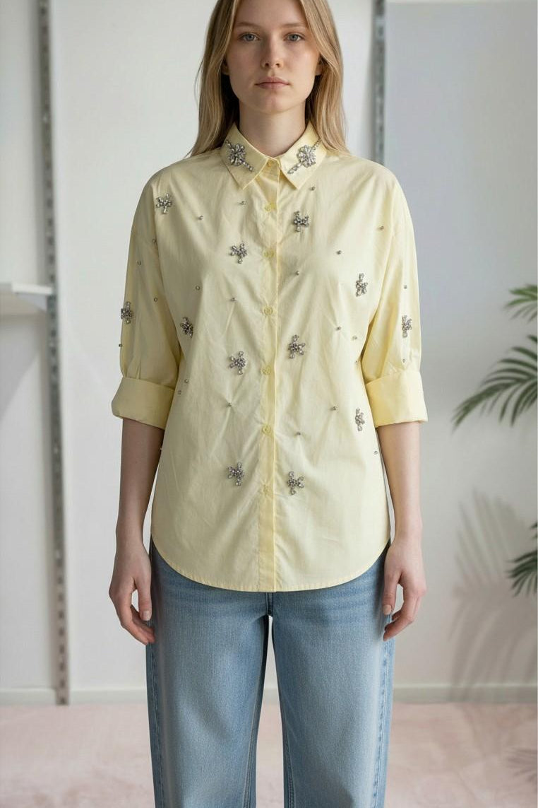 Camicia Donna in Cotone Manica Lunga Over Fit con Applicazione di Pietre R49/102958 GIALLO EXTASY 