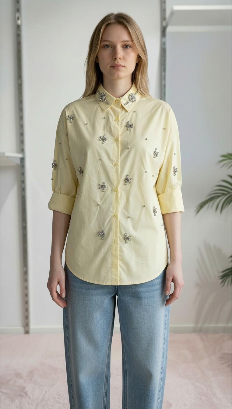 Camicia Donna in Cotone Manica Lunga Over Fit con Applicazione di Pietre R49/102958 GIALLO EXTASY 