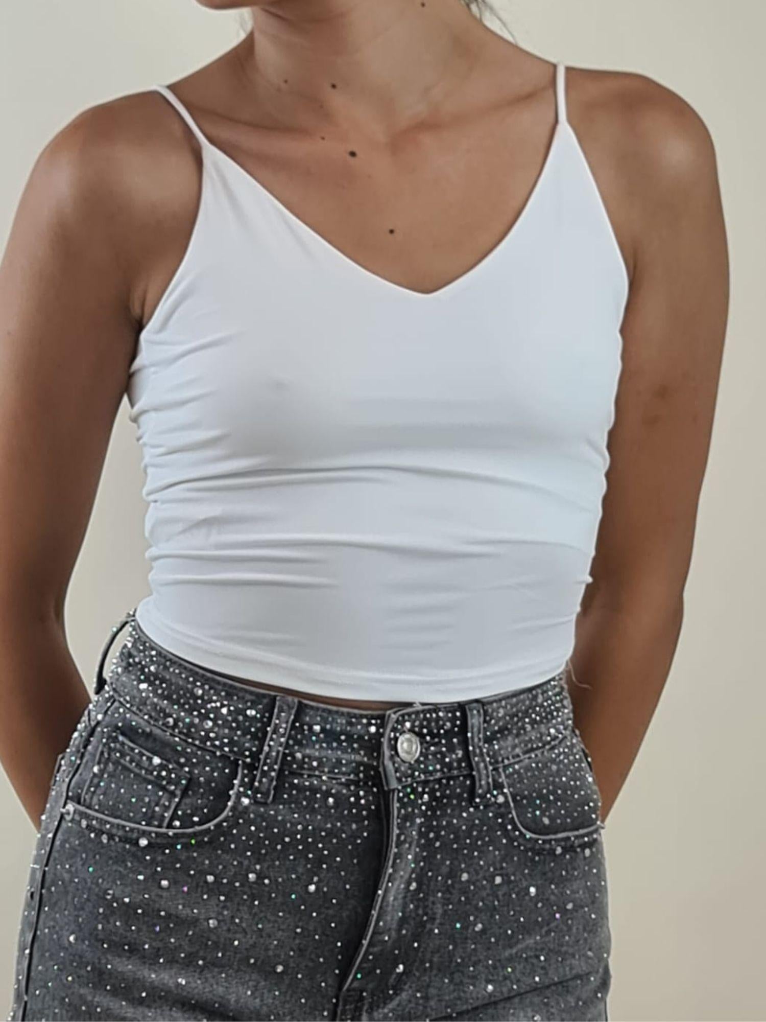 Top Donna a Spallina Stretta Corto Effetto Second Skin. V7333B BIANCO VINCE OTTO 