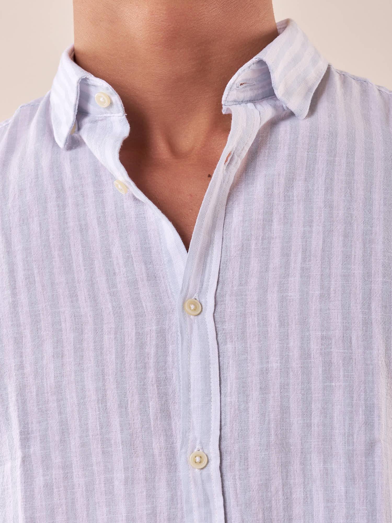 Camicia manica lunga rigata misto lino collo con bottoncino a scomparsa uomo. OC1S2S5C11 POLVERE OVER-D 