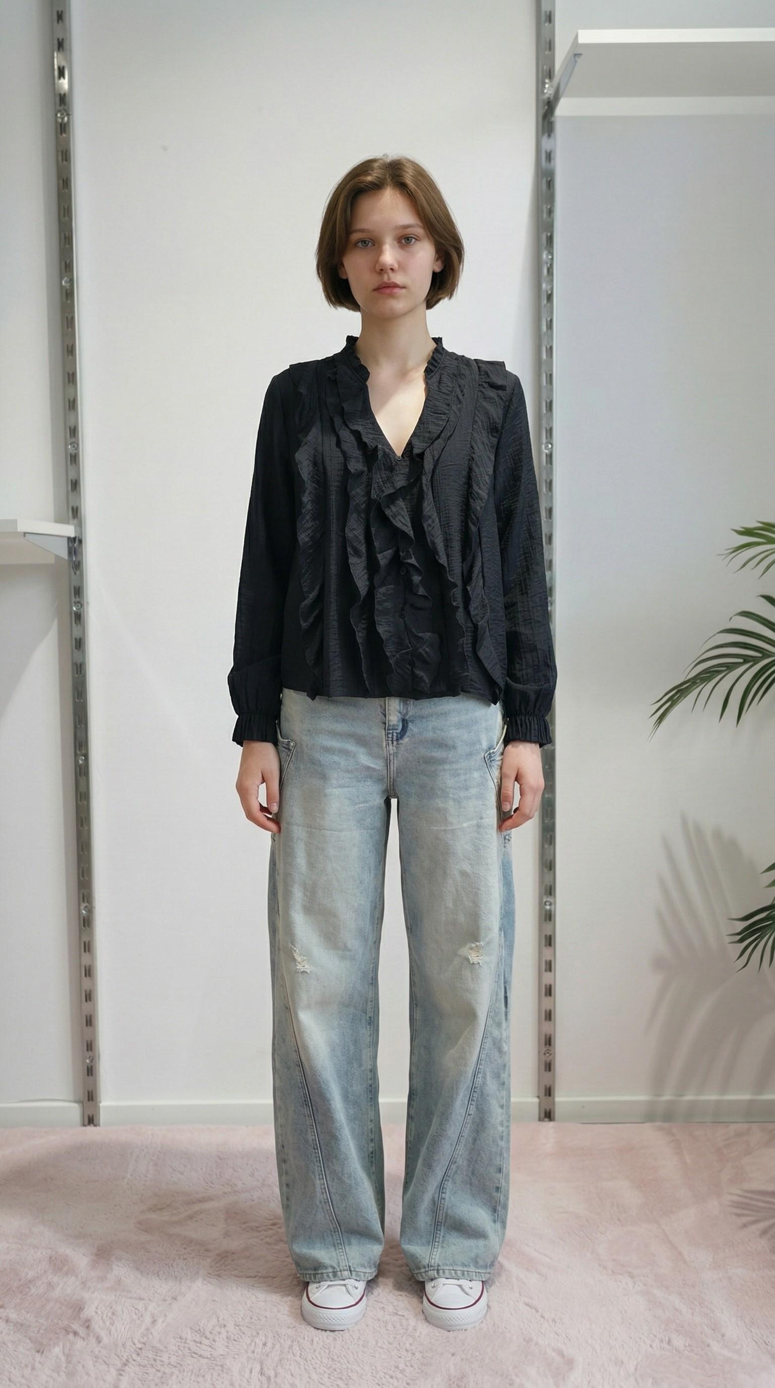 Camicia da donna a maniche lunghe con rouches PG120M NERO EXTASY 