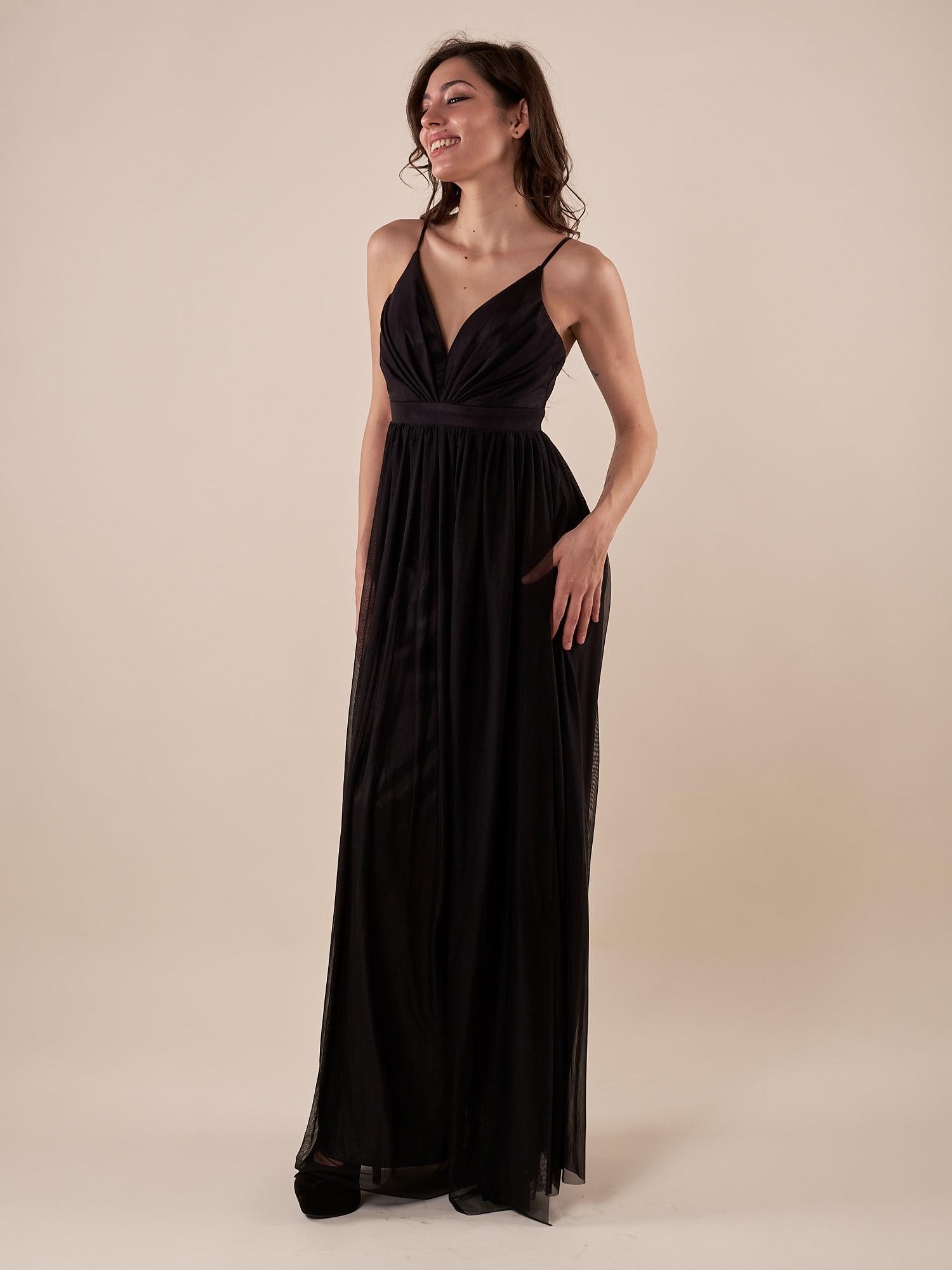 Abito lungo Donna cerimonia con pieghe su corpetto. AB002161 NERO ARTIGLI 