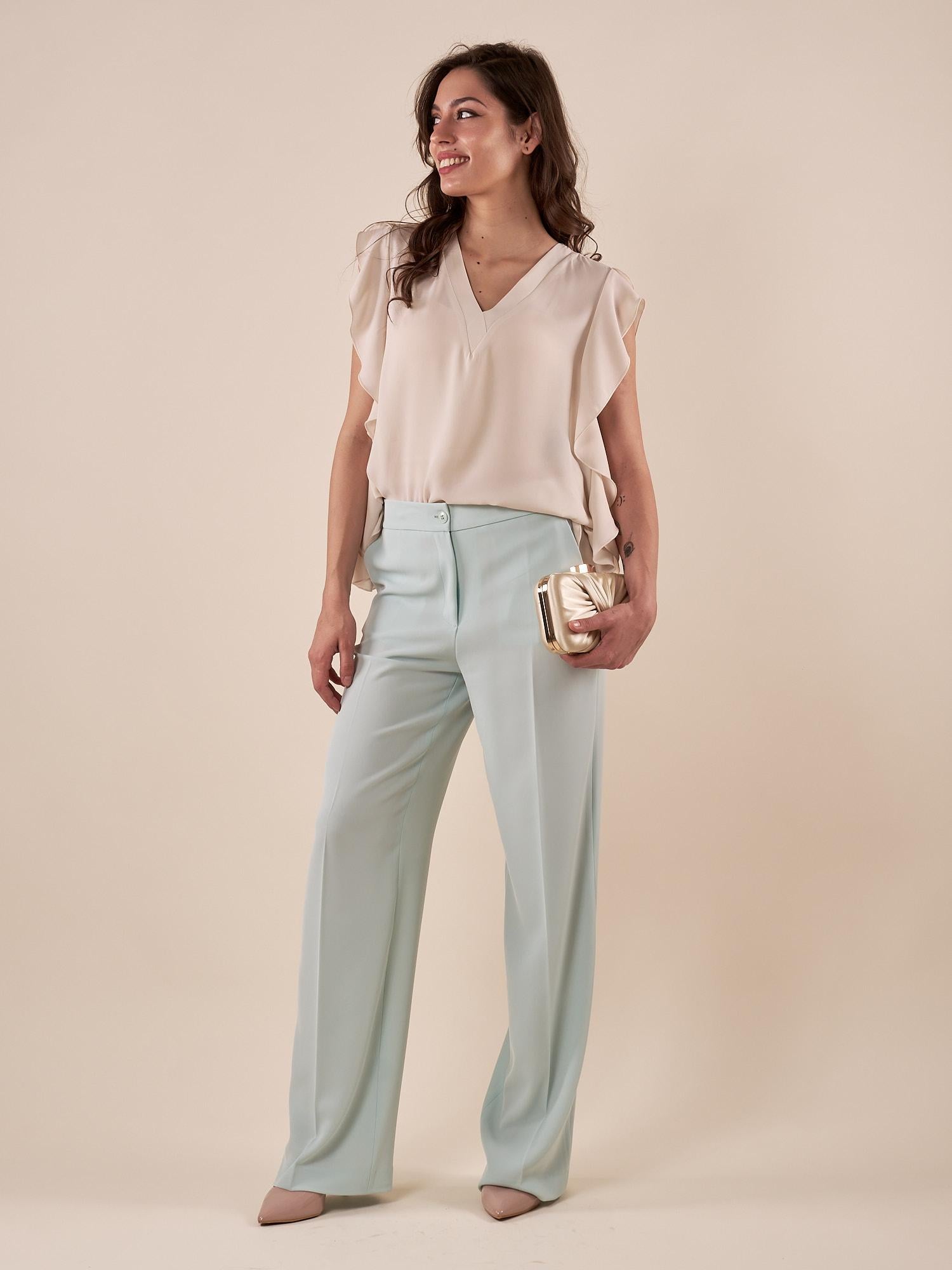 Casacca donna giromanica con volant in georgette scollo V. AC/ES5374 BURRO AMBRA CORSINI 