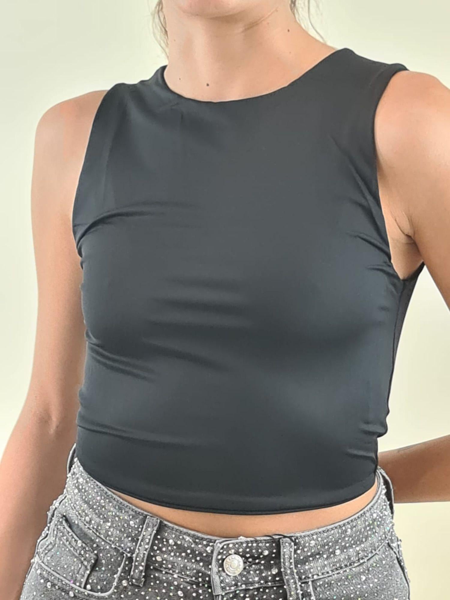 Top Donna Corto Basic a Spalla Larga Effetto Second Skin. F9121 NERO VINCE OTTO 