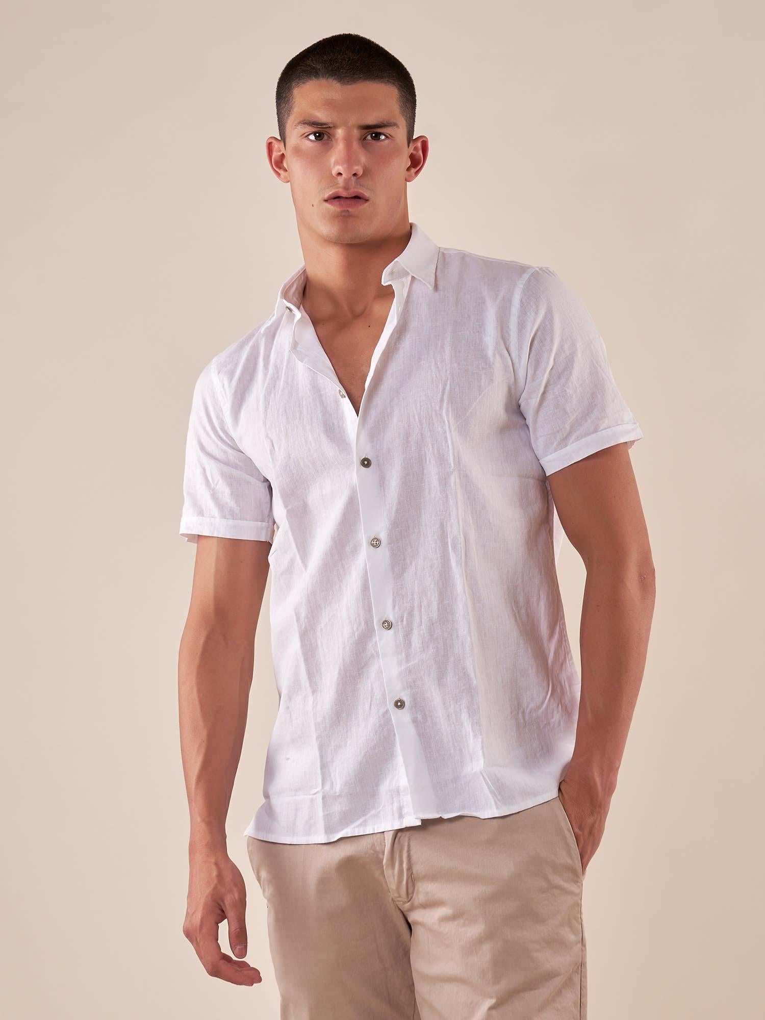 Camicia da uomo manica corta in misto lino. CE1261H BIANCO HAMAKI-HO 