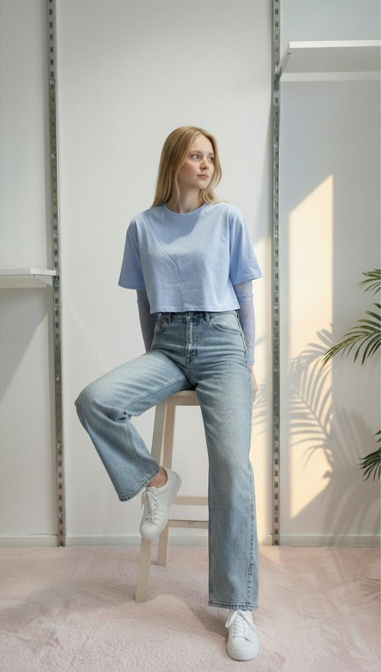 T-shirt Donna Manica Corta Ampia con Body in Pizzo a Manica Lunga 76372 AZZURRO VINCE OTTO 