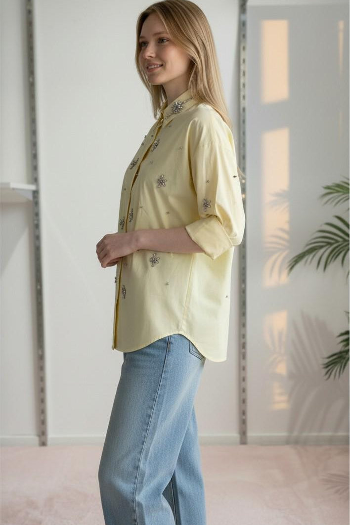 Camicia Donna in Cotone Manica Lunga Over Fit con Applicazione di Pietre R49/102958 GIALLO EXTASY 