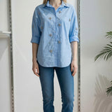 Camicia Donna in Cotone Manica Lunga Over Fit con Applicazione di Pietre R49/102958 CIELO EXTASY 