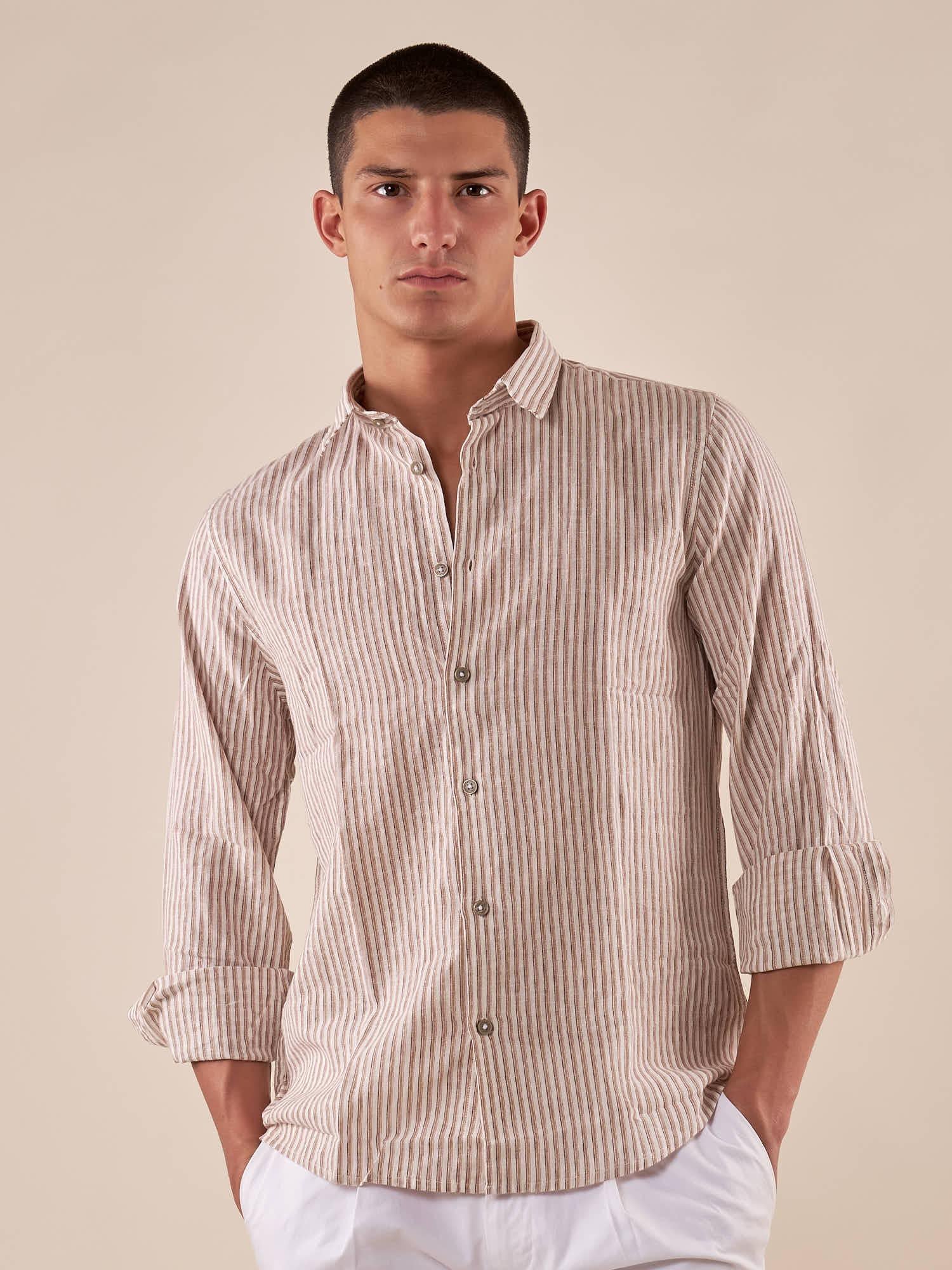 Camicia Uomo in misto lino a righe manica lunga. CE1265H FANGO HAMAKI-HO Uomo 