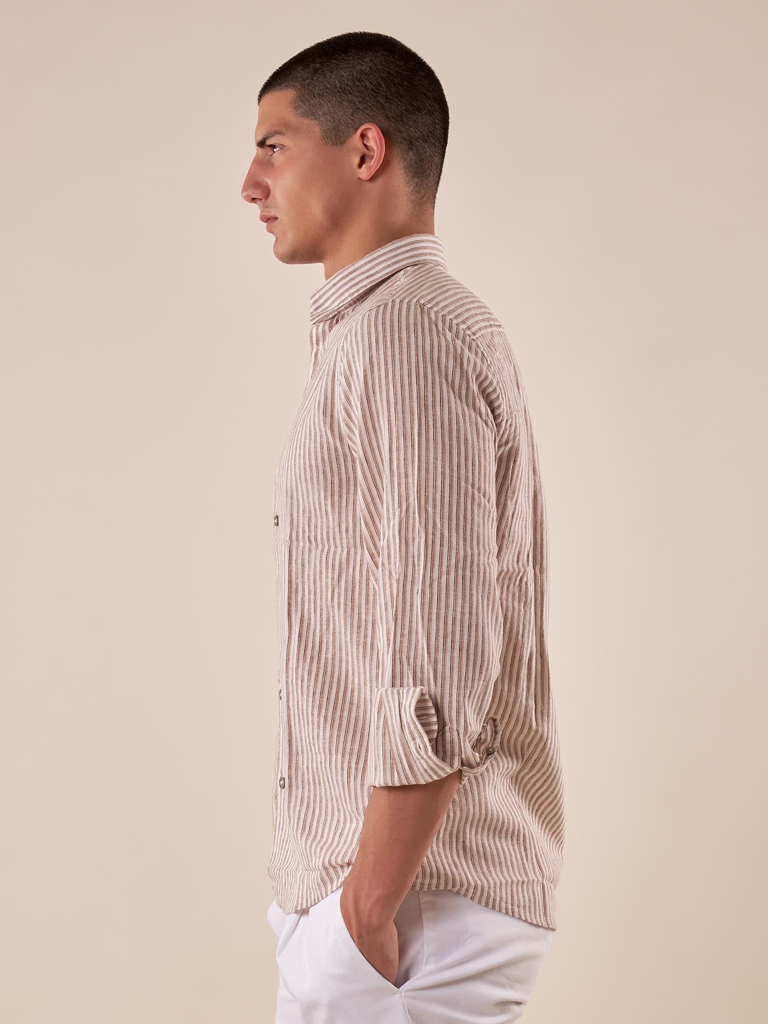 Camicia Uomo in misto lino a righe manica lunga. CE1265H FANGO HAMAKI-HO 