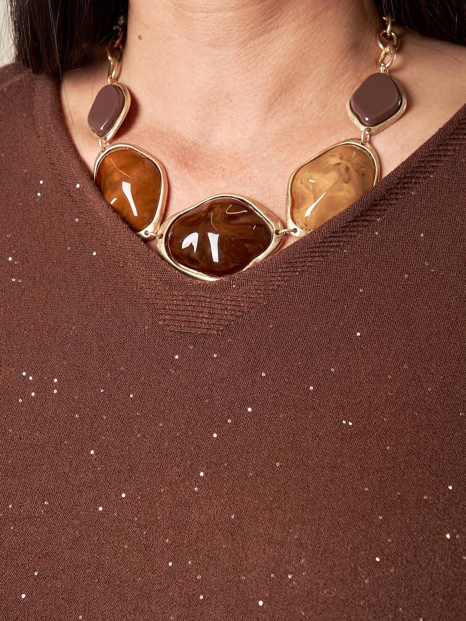Maglia Donna Curvy in Viscosa  Scollo a V, Manica Raglan e Micro Paillettes Tono su Tono. F768YBFAZ23804 MOCHA Lizalù 