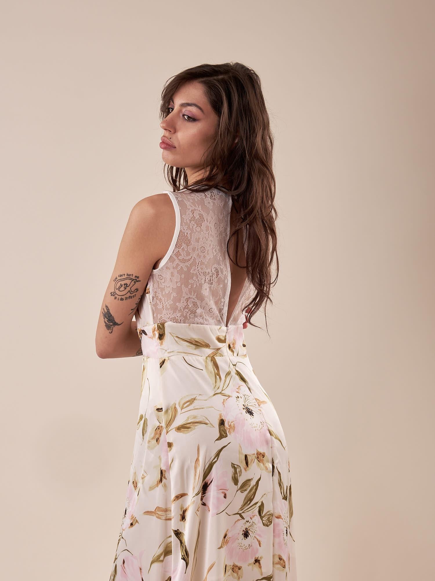 Abito giromanica  lungo in fantasia floreale donna AB002452 AVORIO/ROSA ARTIGLI 