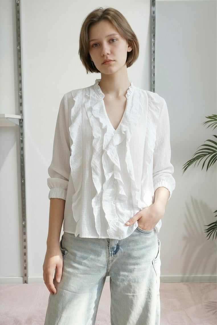 Camicia da donna a maniche lunghe con rouches PG120M BIANCO EXTASY 