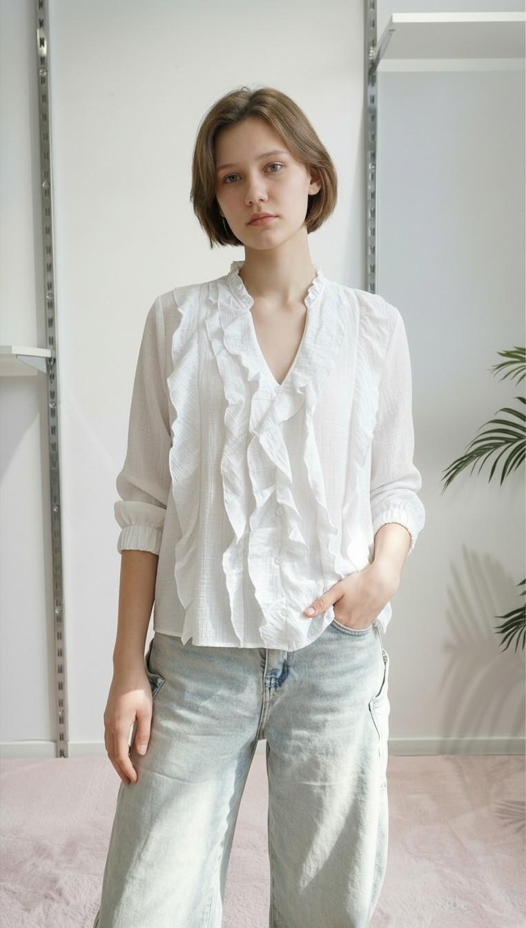 Camicia da donna a maniche lunghe con rouches PG120M BIANCO EXTASY 