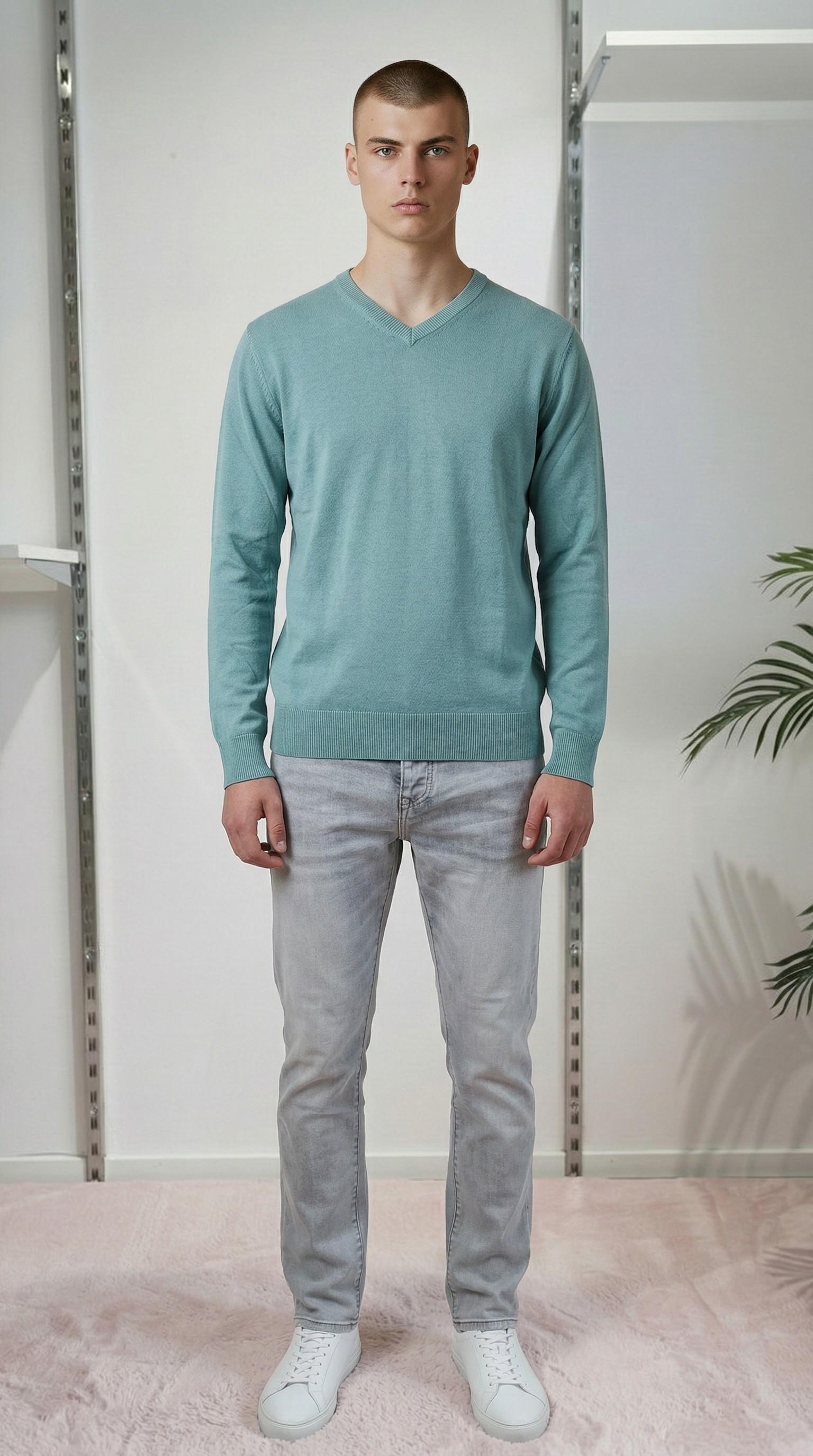 Maglia Uomo 100% Cotone Scollo a V a Manica Lunga  Eleganza Essenziale e Comfort Naturale. CON3701900 ACQUAMARINE CONSENSO 