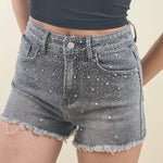 Shorts di Jeans da Donna con Brillantini  Vita Elasticizzata e Fondo Sfrangiato AMR/LS9338EC GRIGIO EXTASY 