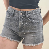 Shorts di Jeans da Donna con Brillantini  Vita Elasticizzata e Fondo Sfrangiato AMR/LS9338EC GRIGIO EXTASY 