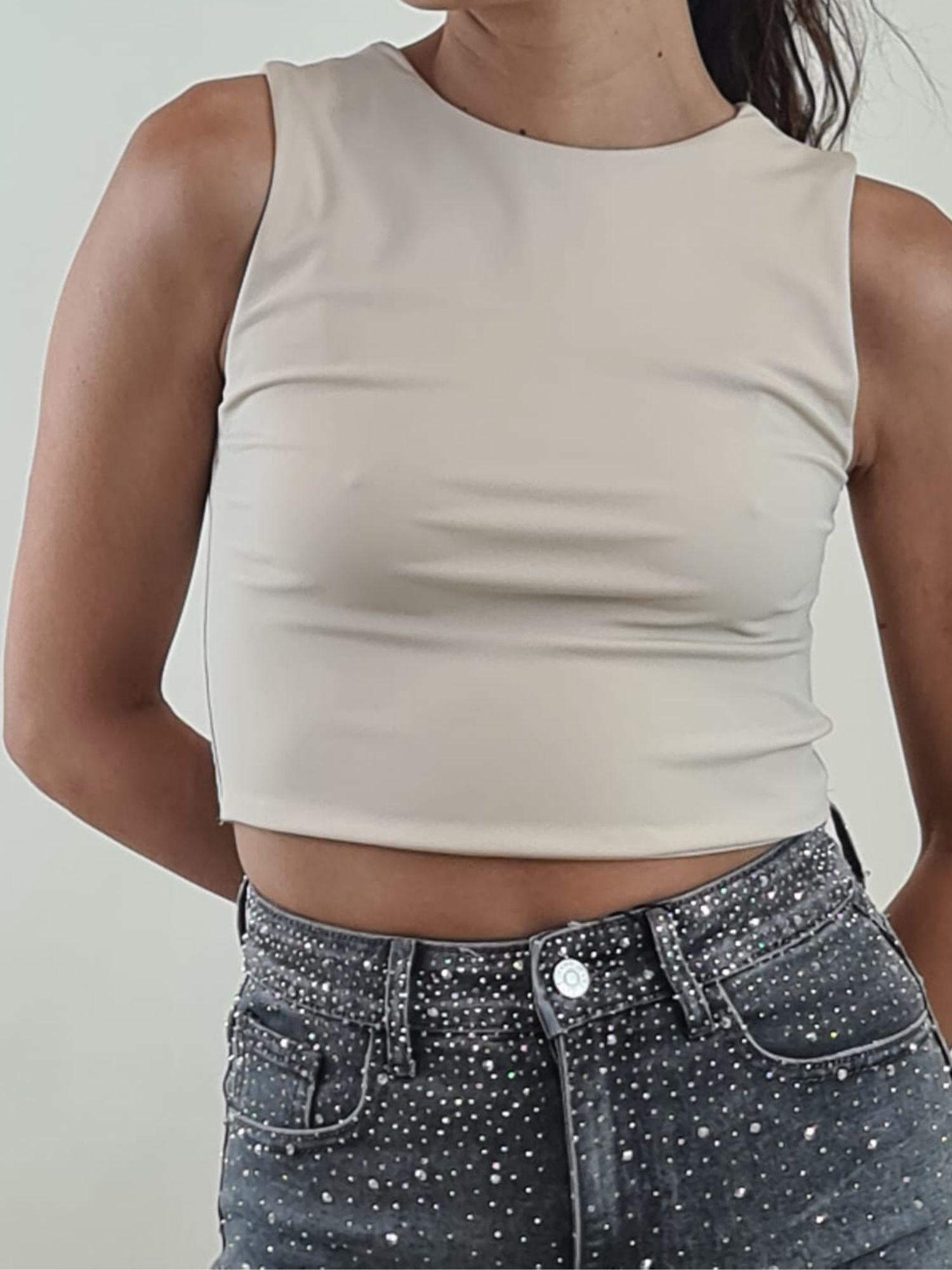 Top Donna Corto Basic a Spalla Larga Effetto Second Skin. F9121 BEIGE VINCE OTTO 