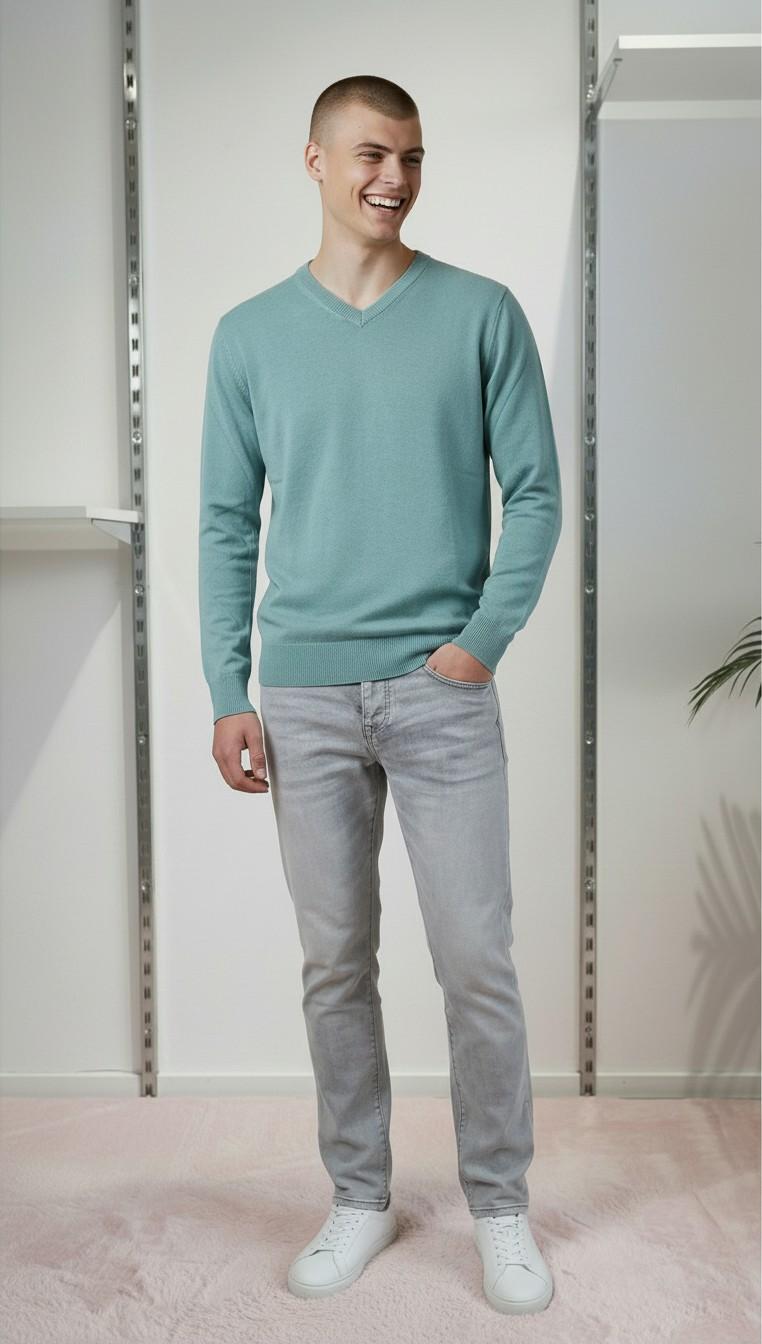 Maglia Uomo 100% Cotone Scollo a V a Manica Lunga  Eleganza Essenziale e Comfort Naturale. CON3701900 ACQUAMARINE CONSENSO 