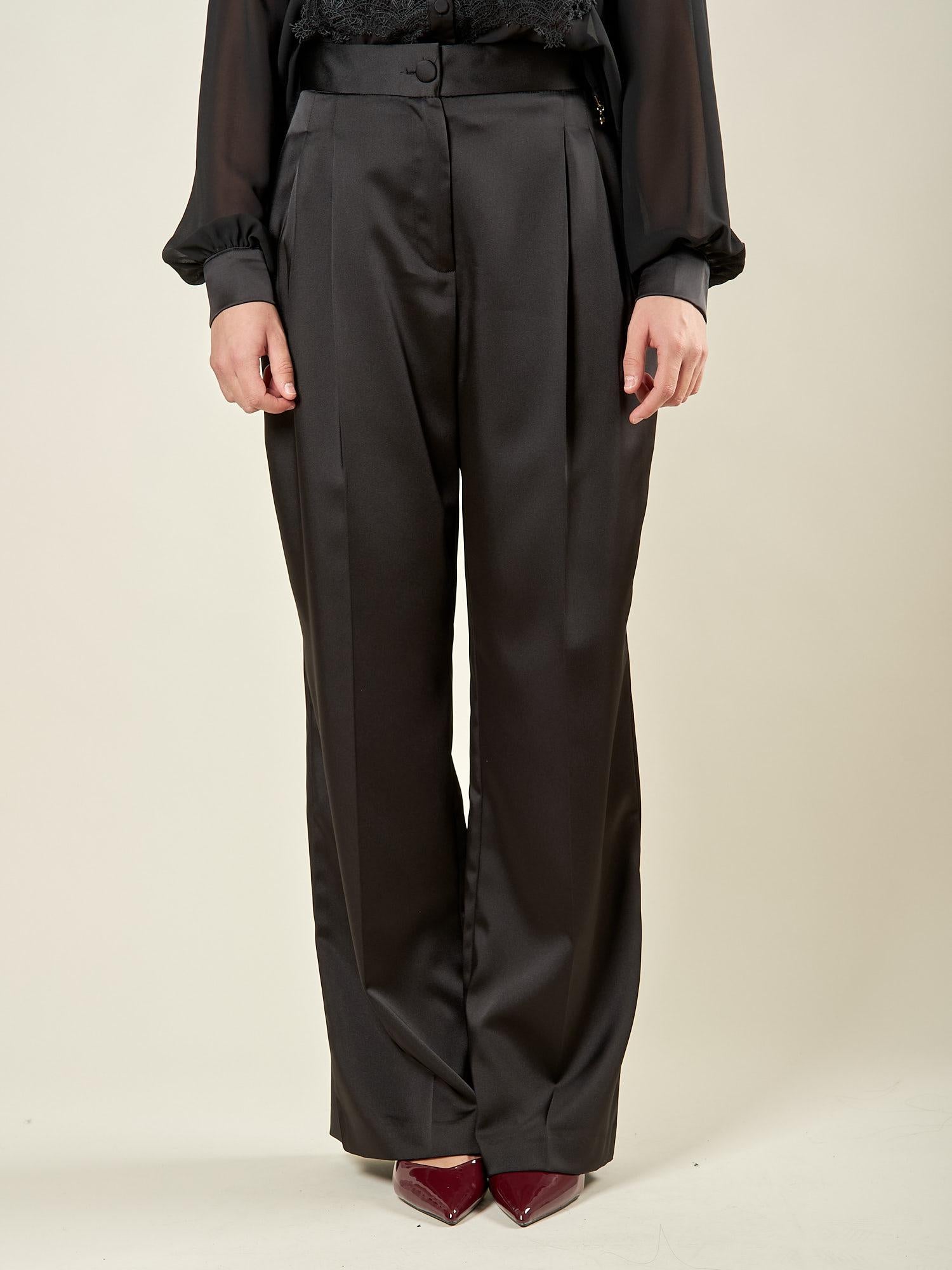 Pantalone palazzo donna in raso con doppia pence. Eleganza fluida e taglio sartoriale. PA003005 NERO ARTIGLI 