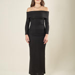 Abito lungo donna con scollo Shiffer e spacco posteriore. Sensualità ed eleganza in un solo capo. AB003159 NERO ARTIGLI 