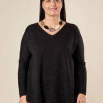 Maglia Donna Curvy in Viscosa  Scollo a V, Manica Raglan e Micro Paillettes Tono su Tono. F768YBFAZ23804 NERO Lizalù 