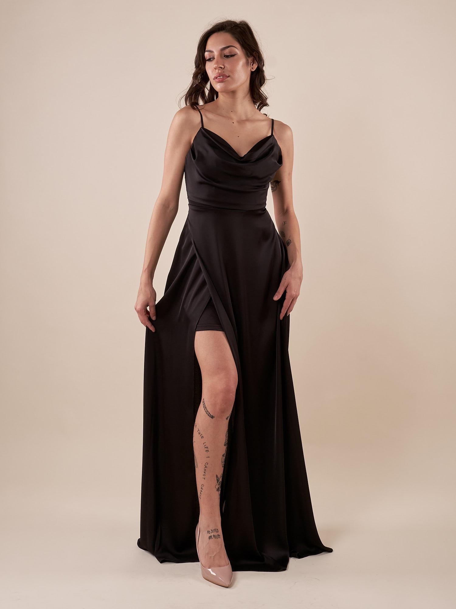 Abito lungo Donna elegante con scollatura cascante e bretelline. AB002177 NERO ARTIGLI 