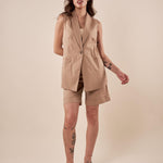 Gilet donna lungo in raso di cotone con cintura GL000844 CAMMELLO ARTIGLI 