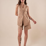 Gilet donna lungo in raso di cotone con cintura GL000844 CAMMELLO ARTIGLI 