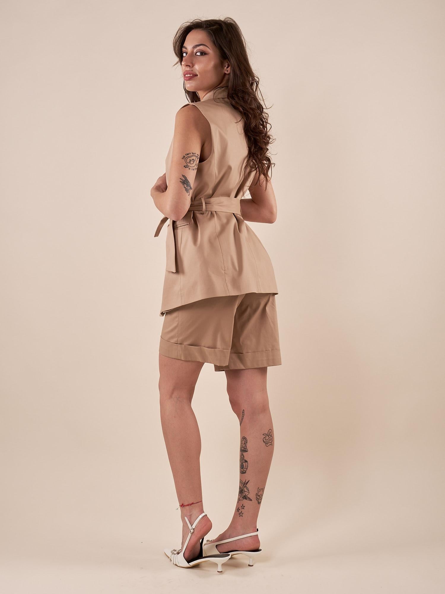Gilet donna lungo in raso di cotone con cintura GL000844 CAMMELLO ARTIGLI 