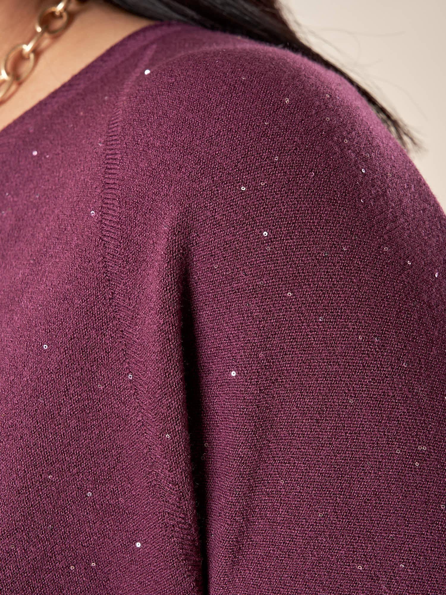 Maglia Donna Curvy in Viscosa  Scollo a V, Manica Raglan e Micro Paillettes Tono su Tono. F768YBFAZ23804 BURGUNDY Lizalù 