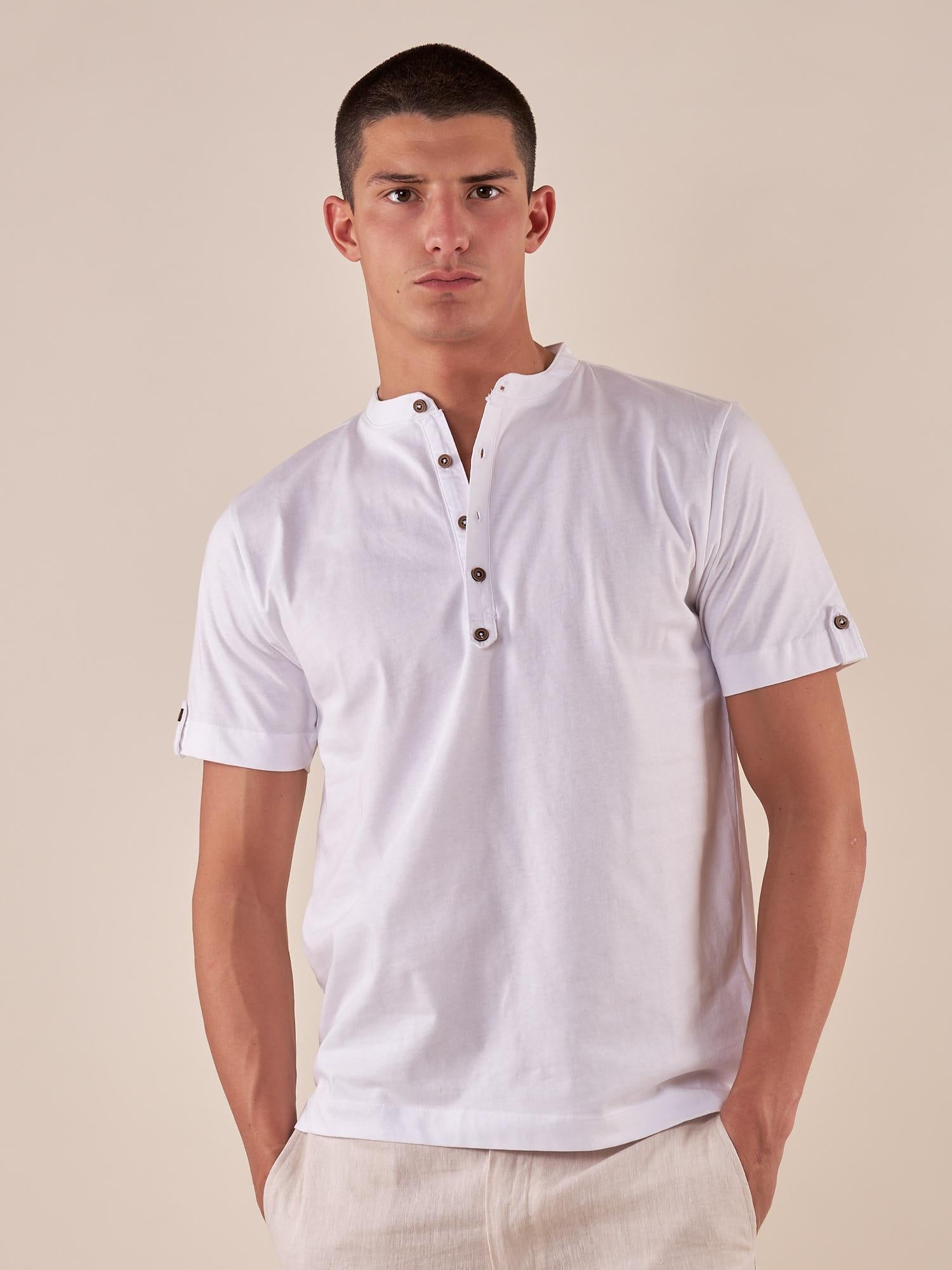 T-shirt Uomo Manica Corta Serafino in 100% Cotone con Bottoncino su Manica. TE274H BIANCO HAMAKI-HO 