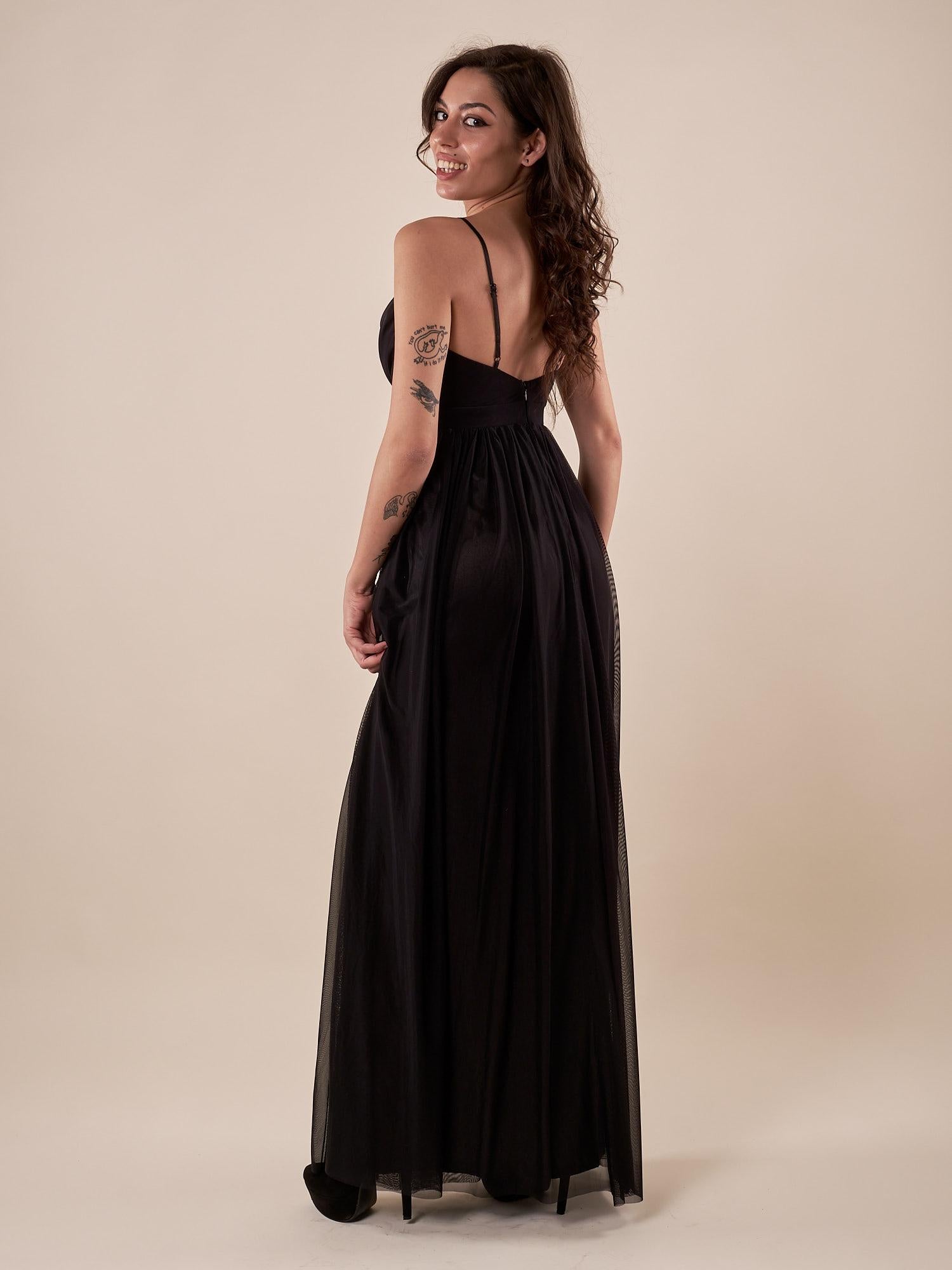 Abito lungo Donna cerimonia con pieghe su corpetto. AB002161 NERO ARTIGLI 