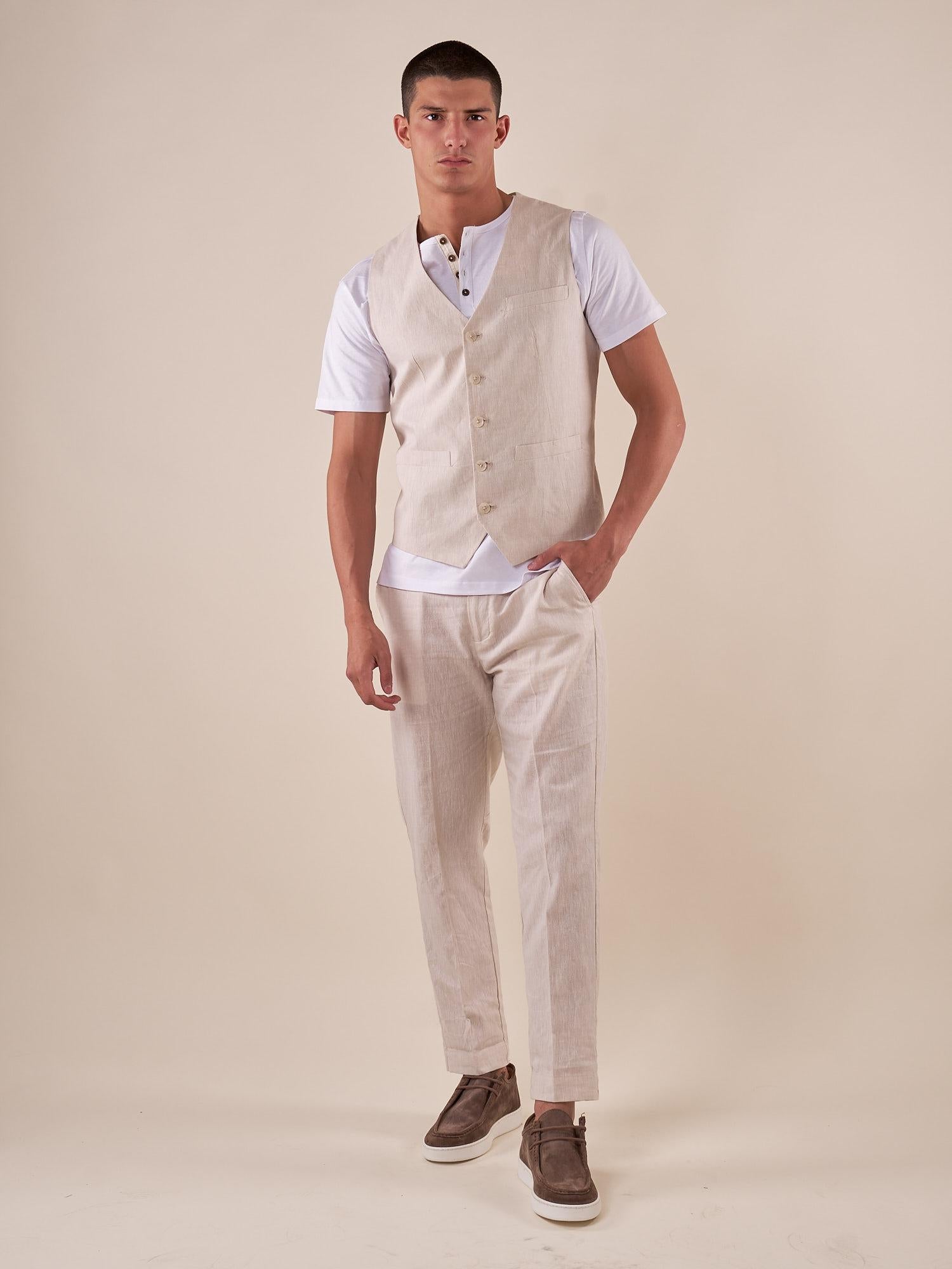Gilet da Uomo in misto lino con tasca e taschino con friso. GLE01H BEIGE HAMAKI-HO 