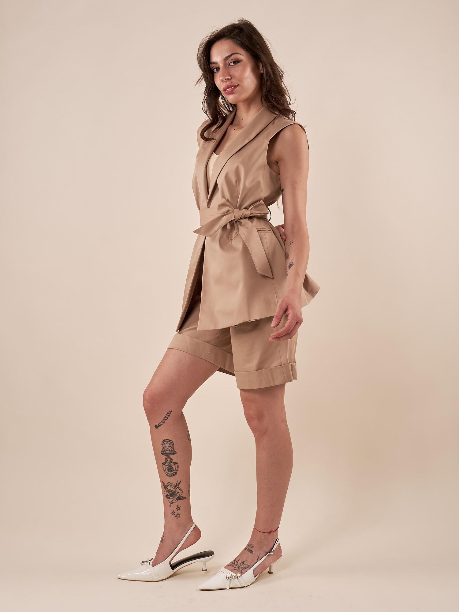 Gilet donna lungo in raso di cotone con cintura GL000844 CAMMELLO ARTIGLI 