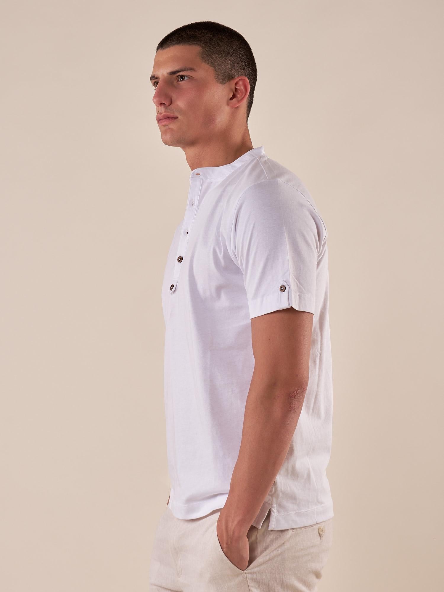 T-shirt Uomo Manica Corta Serafino in 100% Cotone con Bottoncino su Manica. TE274H BIANCO HAMAKI-HO 