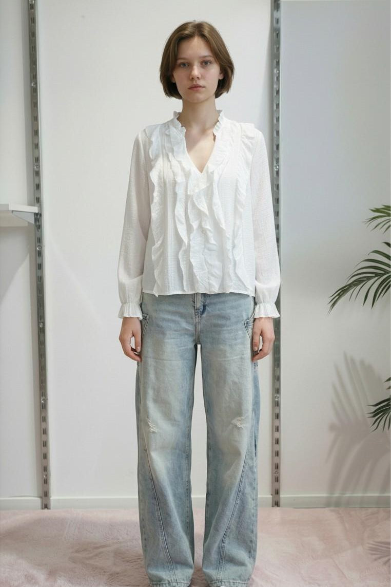 Camicia da donna a maniche lunghe con rouches PG120M BIANCO EXTASY 