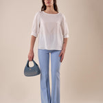 Blusa Donna manica corta con pieghe alle maniche BL002215 PANNA ARTIGLI 