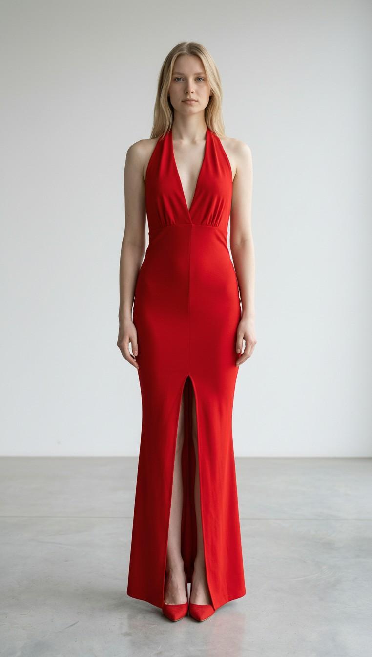 Abito Donna Lungo Elegante con Incrocio al Collo e Spacco Centrale AB004378 ROSSO ARTIGLI Donna 