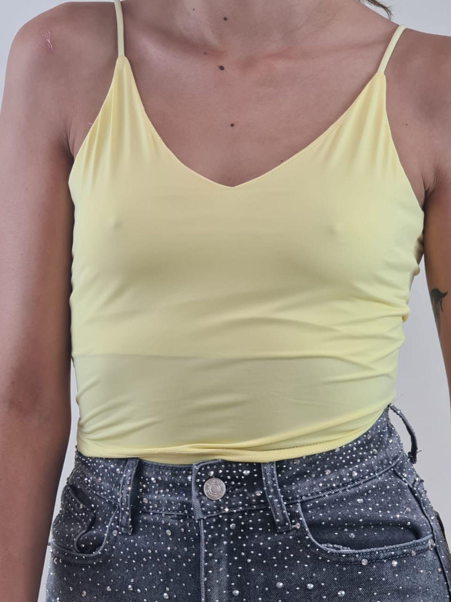 Top Donna a Spallina Stretta Corto Effetto Second Skin. V7333B GIALLO VINCE OTTO 