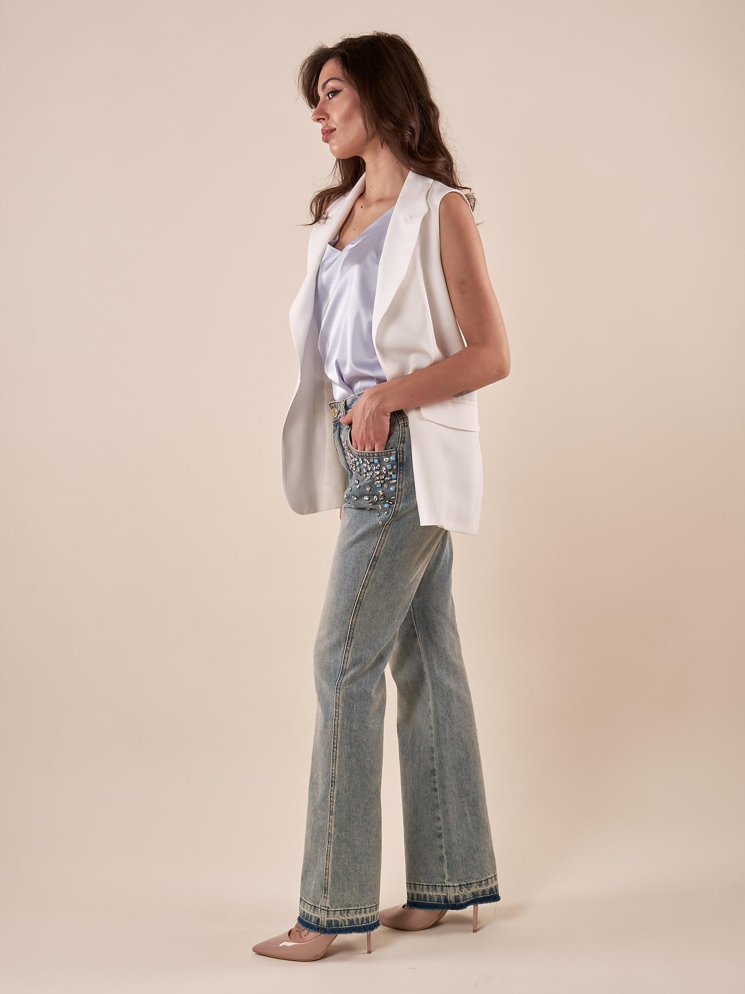 Jeans Donna lungo con strass sulle tasche e fondo sfrangiato. DE002424 DENIM ARTIGLI 