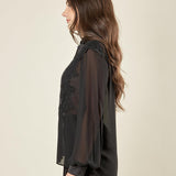 Camicia donna in voile con dettagli in raso e pizzo. Eleganza romantica e stile raffinato. CA003137 NERO ARTIGLI 
