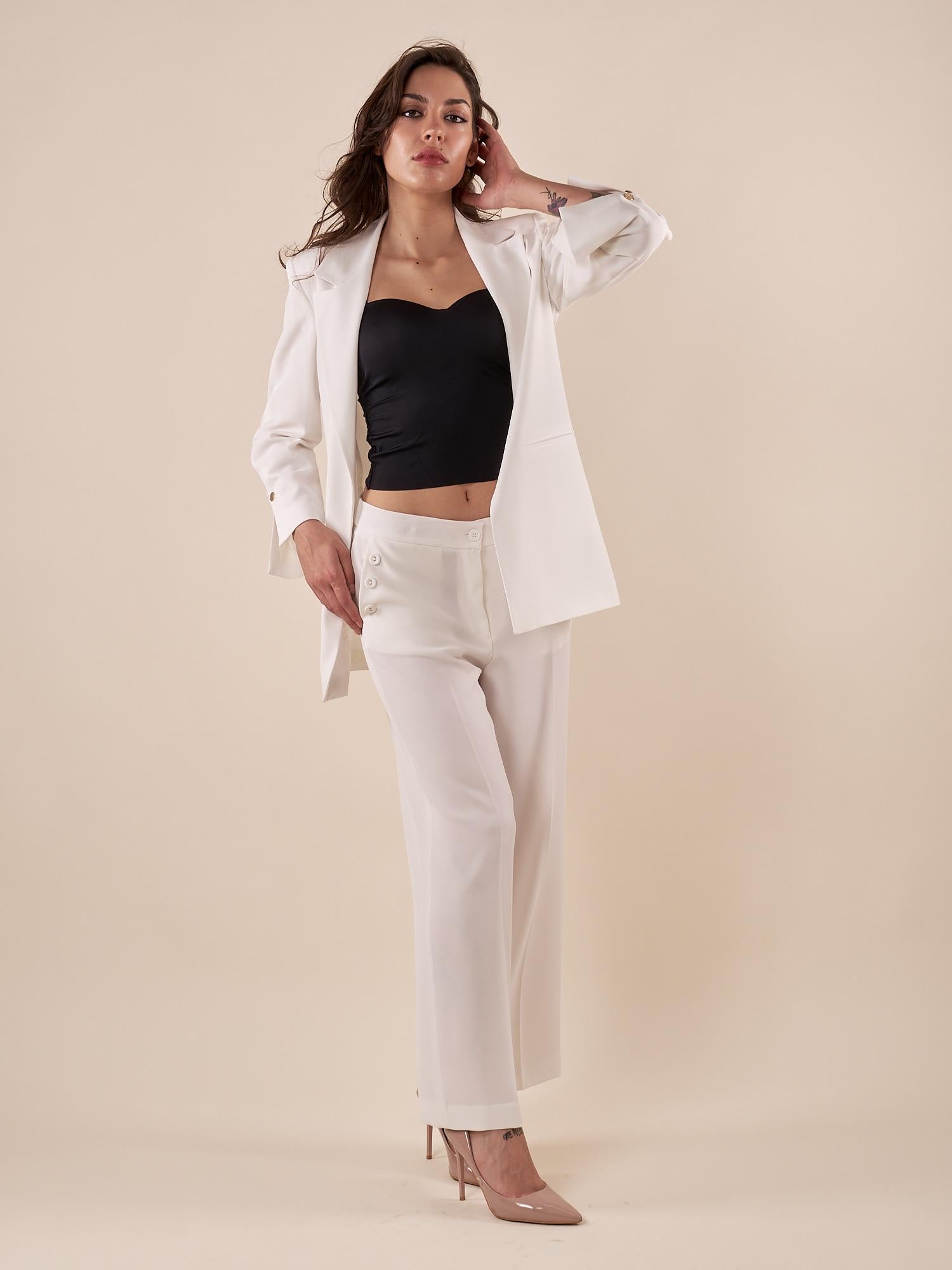 Pantalone Donna elegante a palazzo con bottoni decorativi. ROMI/A5123 BIANCO ROMIHO 