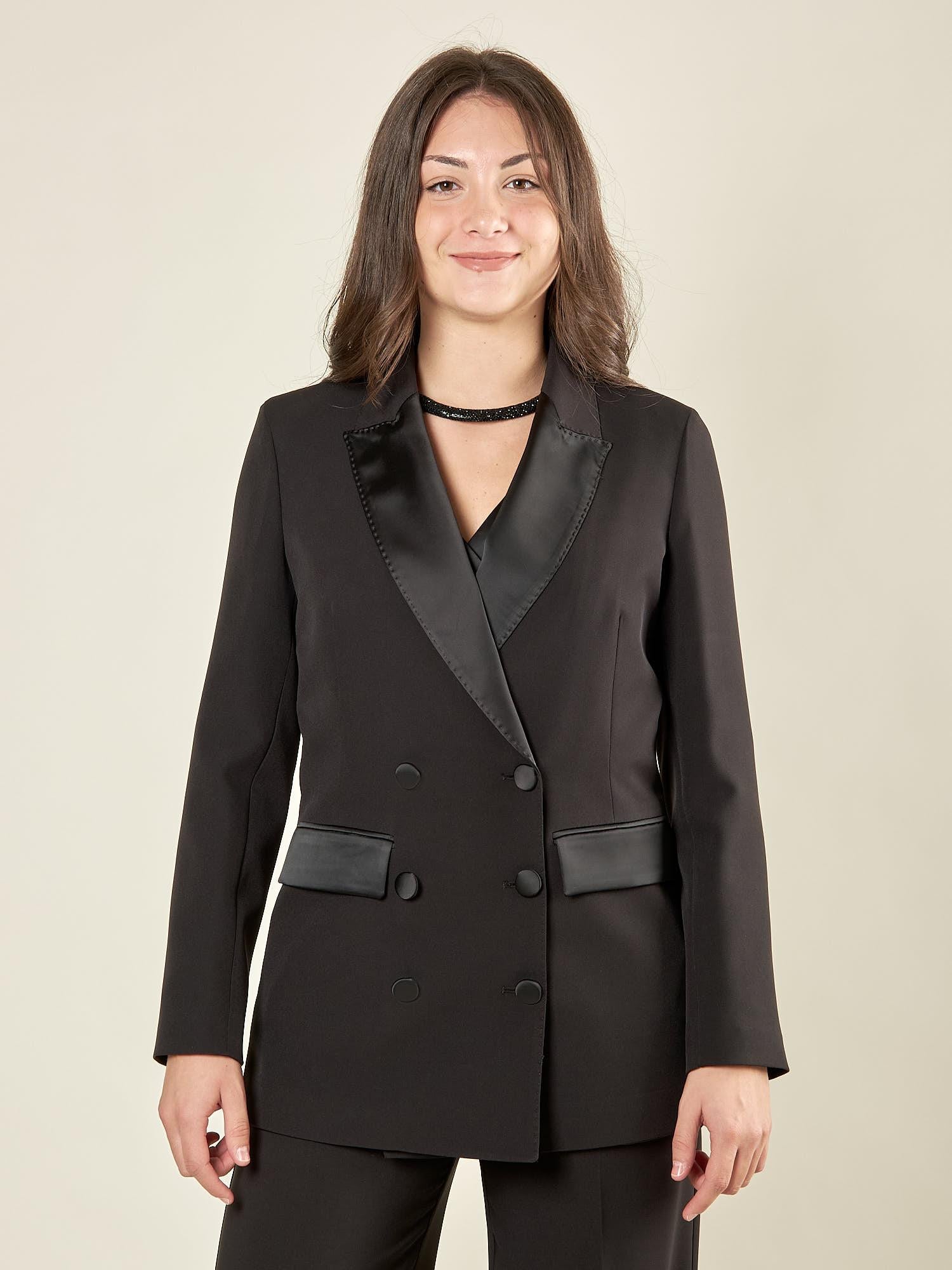Giacca donna smoking doppio petto, con revers a lancia, tasche e bottoni in raso. GI003042 NERO ARTIGLI 