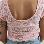 Top Donna Corto in Pizzo Trasparente a Manica Corta. V8515 ROSA VINCE OTTO 